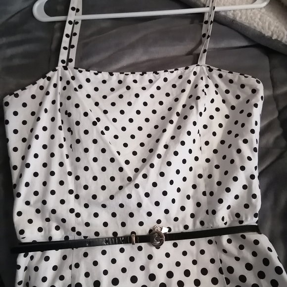 White with black polka dot fit and flare dress - Picture 3 of 7